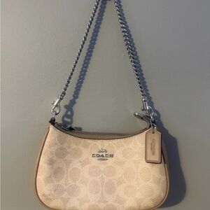 Coach Mini Signature Canvas Shoulder Bag in Neutral Beige with Silver Chain